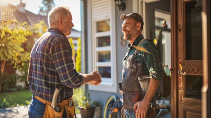 Business deal done outside sunny house with handshake in front of setting sun